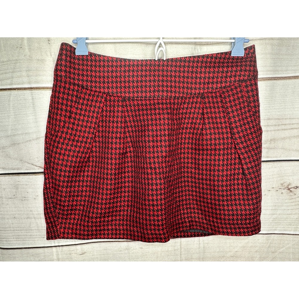 Twenty One Houndstooth Mini Skirt Womens Medium Red Black Plaid Pockets Lined